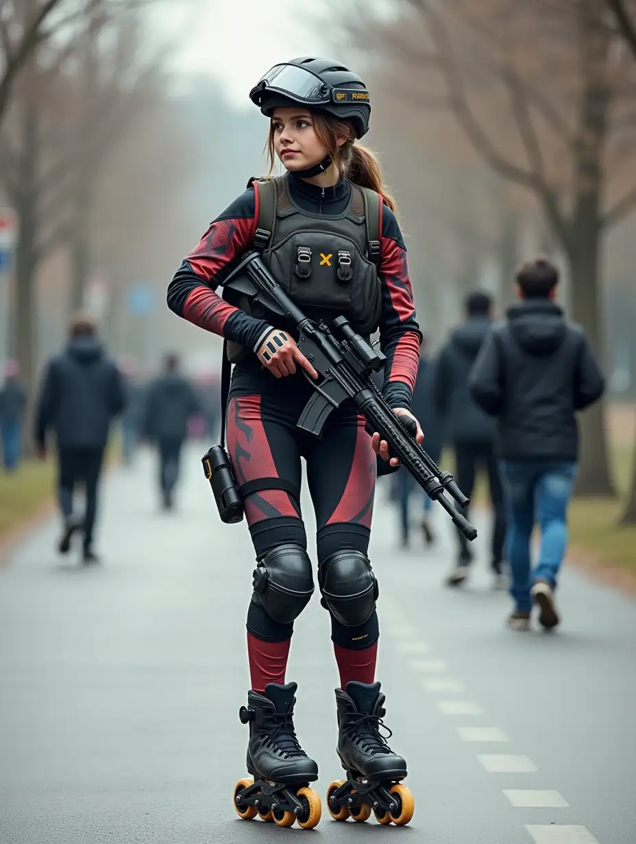 a 17 year old airsoft geared woman at a distance, she is skating on a street, holding a weapon, ordinary people in background, clothes have racing colors, she is wearing lots of functional sportswear, cycling gloves, airsoft helmet with transparent visor over eyes, smartwatch, thick plastic knee pads, modern inline skates with complete organized wheels