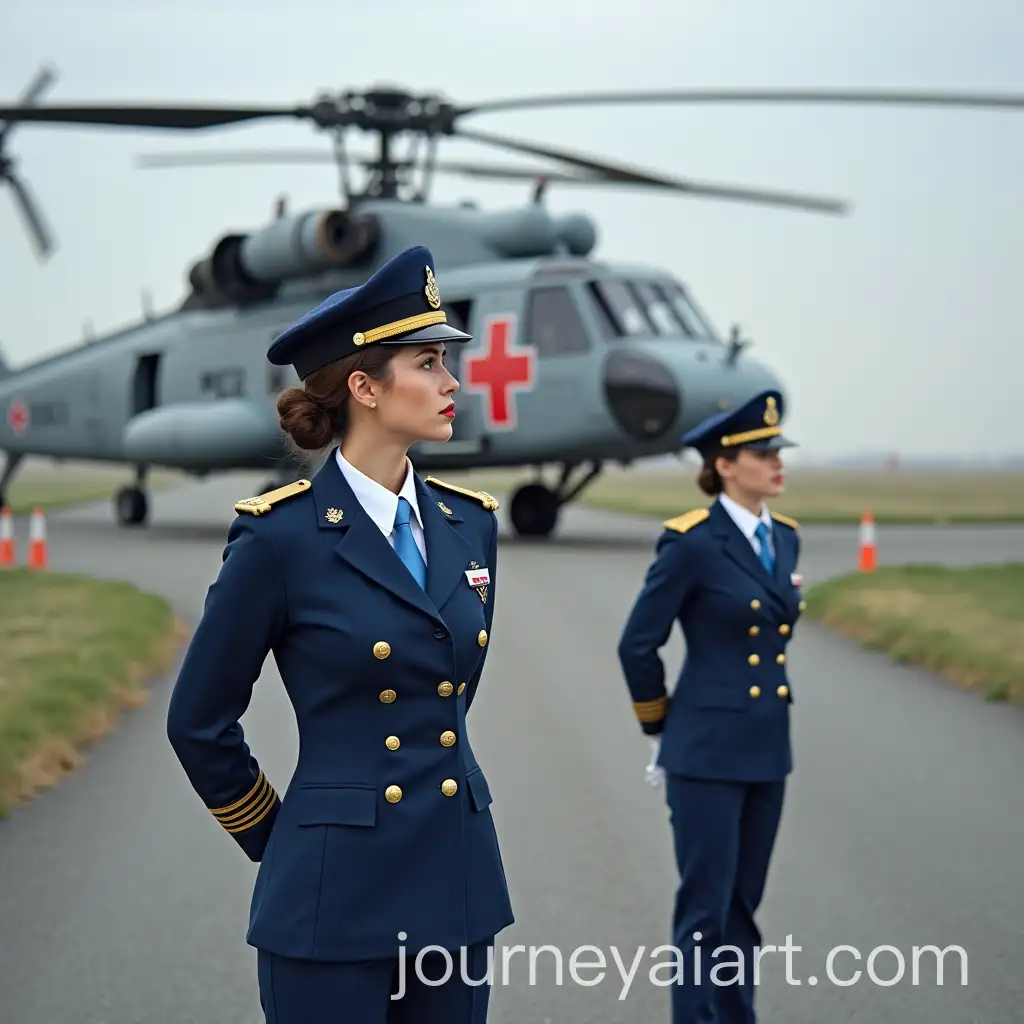 Female-US-Air-Force-Officers-in-Dress-Uniform-Near-UH60-Black-Hawk-Helicopter-at-Military-Airfield