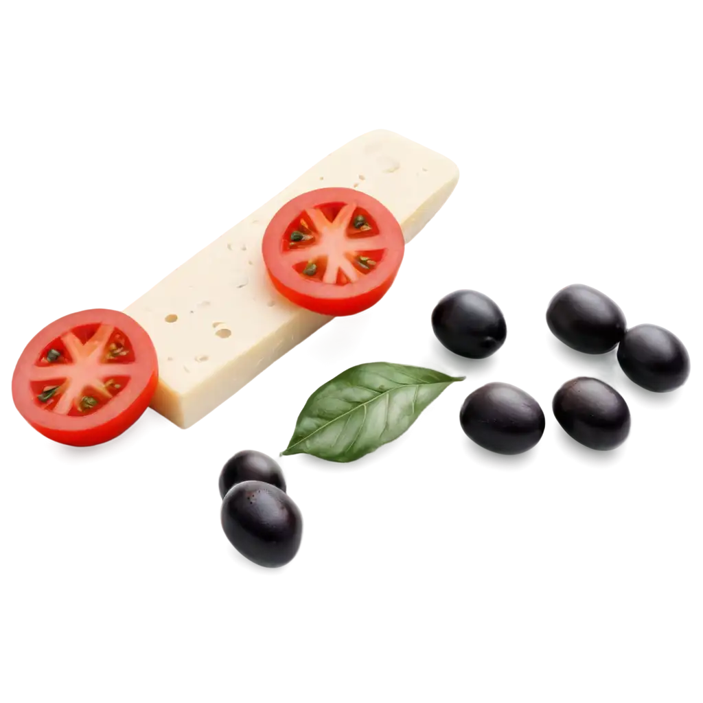 Photorealistic-PNG-Image-of-Mozzarella-Cheese-with-Olives-Tomato-and-Green-Leafs-Promo-Visual