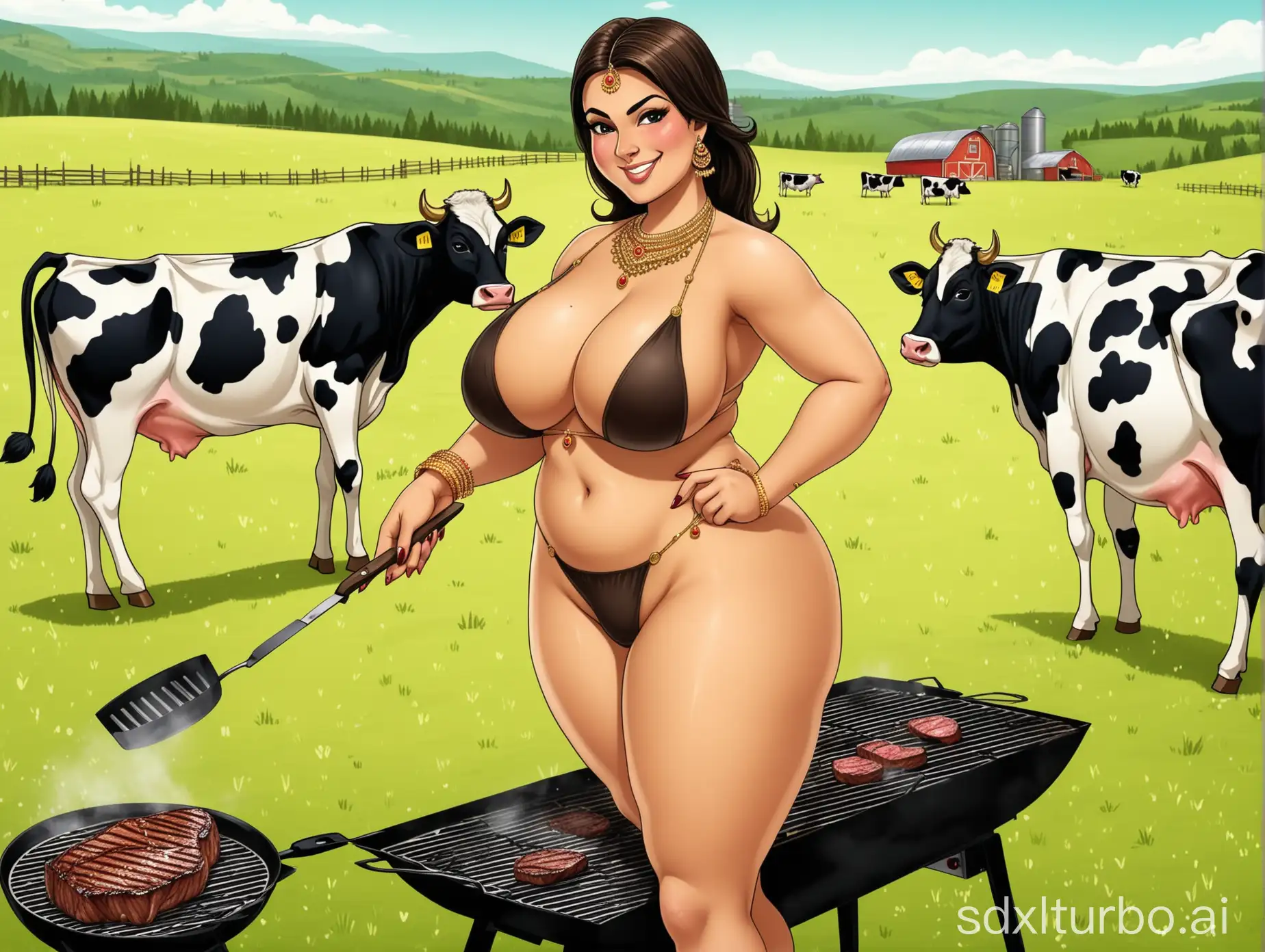 Indian-Woman-Cooking-Steak-on-Farm-with-Cows-Grazing