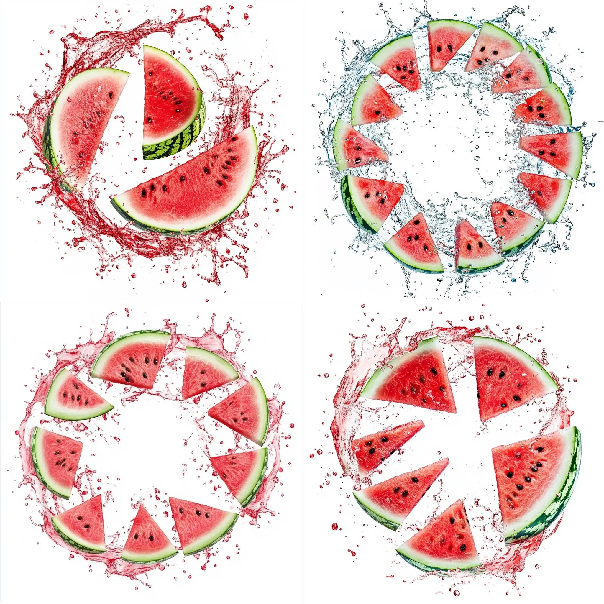 Slices-of-Watermelon-Floating-in-Juicy-Splash-on-White-Background