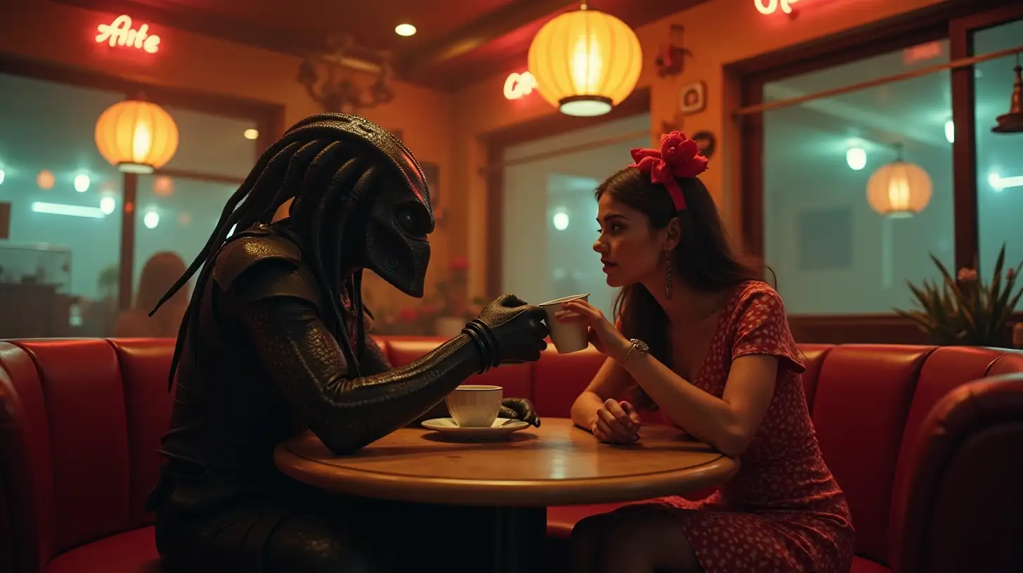 Alien Predator Enjoys Coffee in Psychedelic Cafe Setting