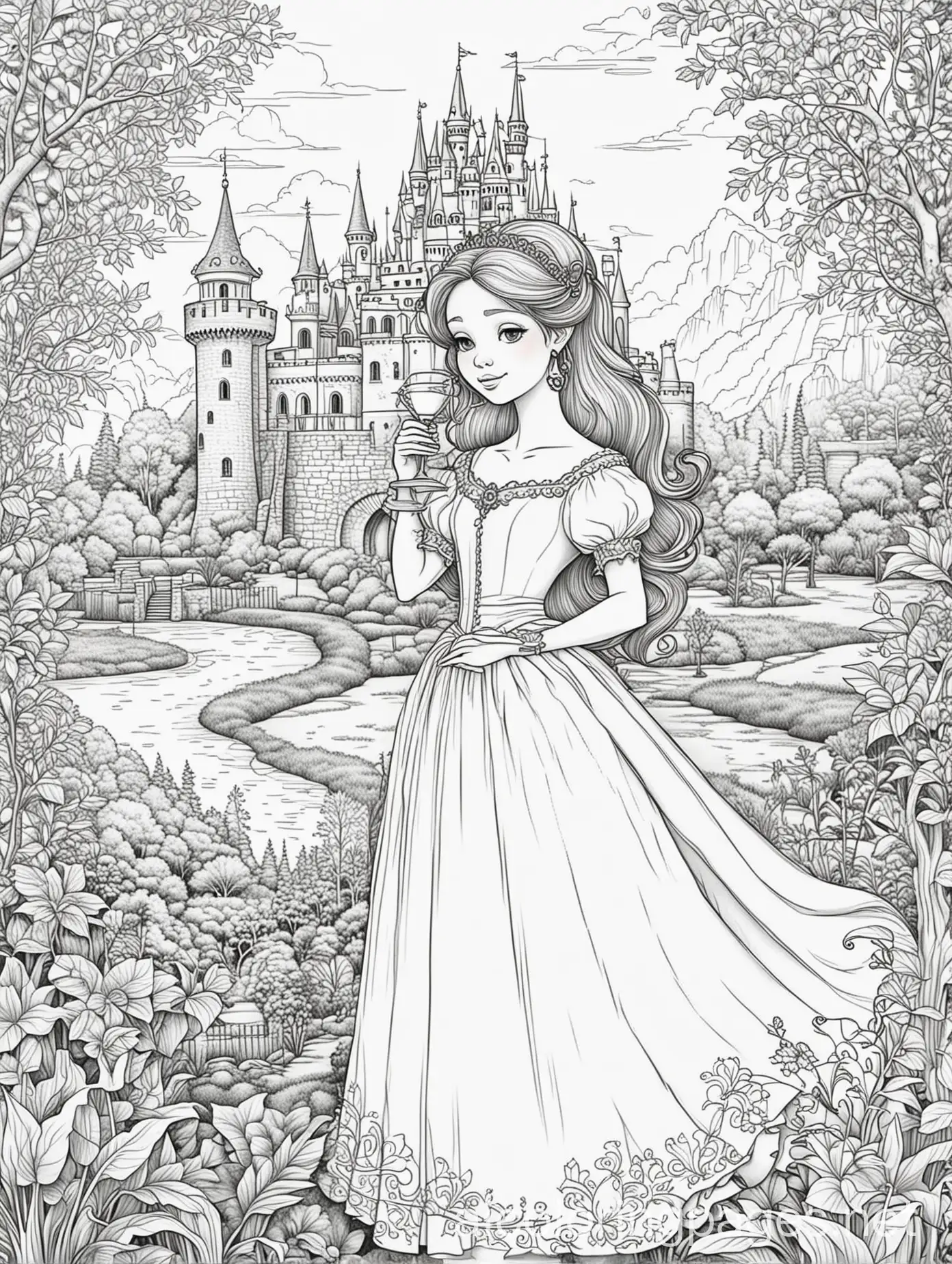 Princess-Enjoying-a-Cocktail-in-a-Castle-Garden-Coloring-Page