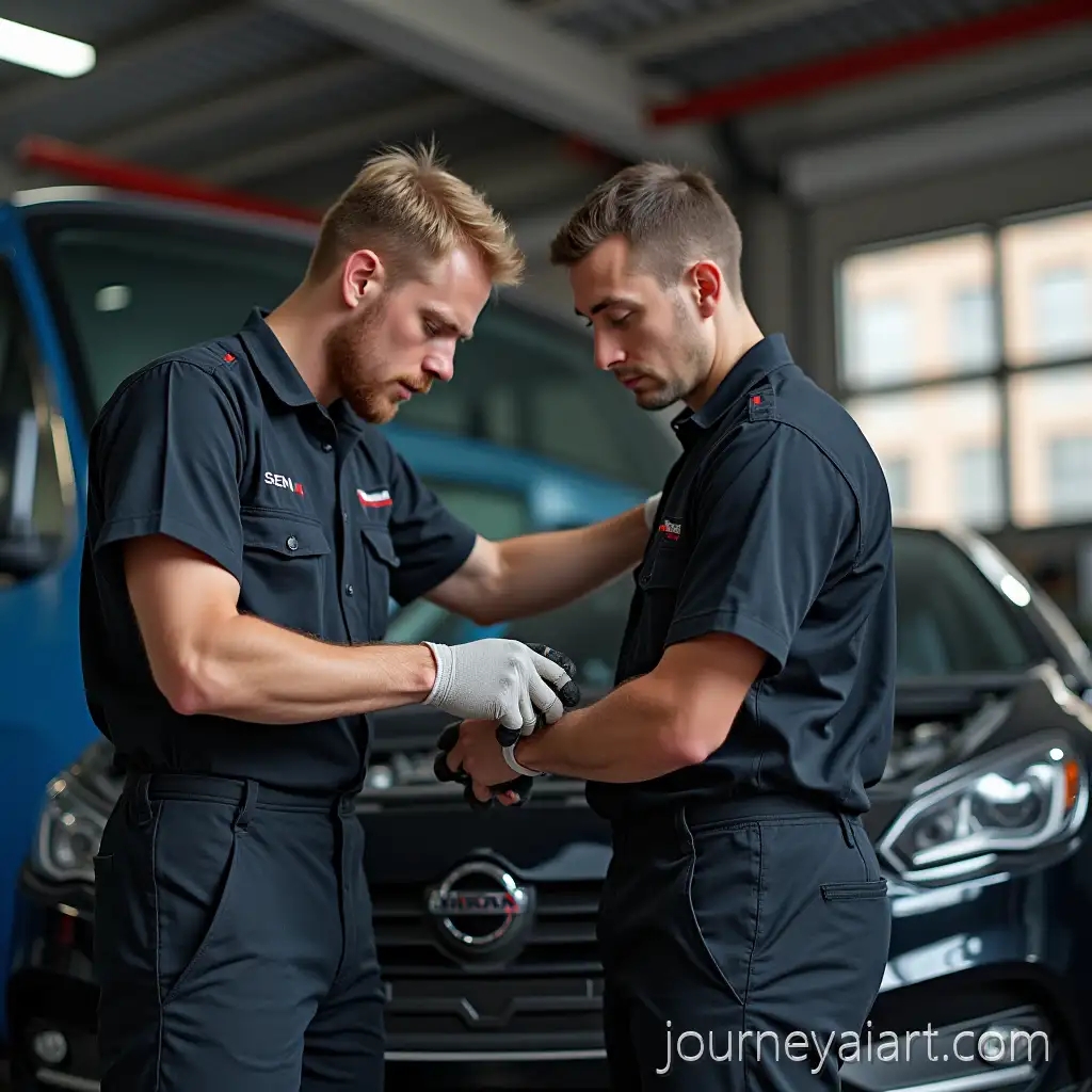 Professional-Nissan-Mechanic-Working-in-Modern-Auto-Repair-Garage