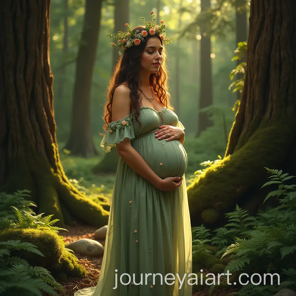 Pregnant-Woman-in-Enchanted-Forest-with-Floral-Crown-and-Bohemian-Dress