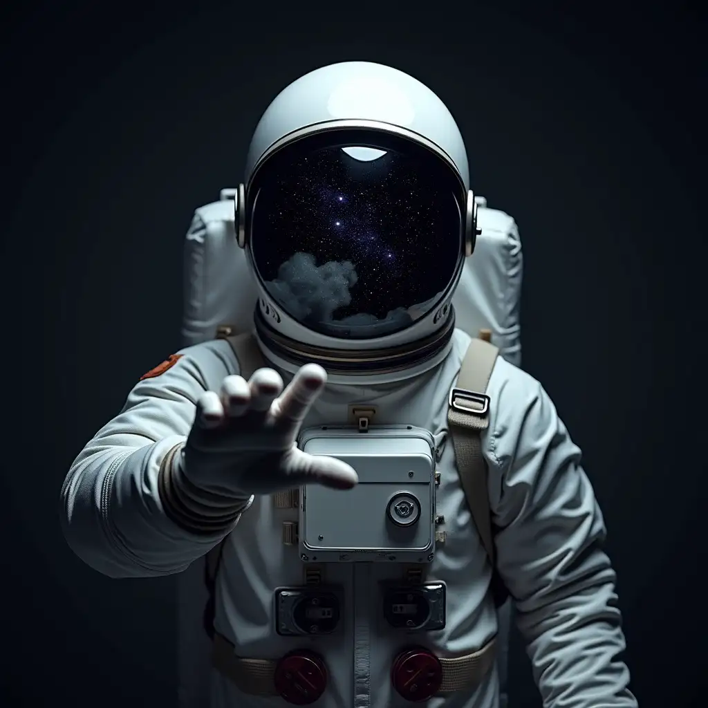 Astronaut in a Dark Masked Helmet Reaching Out in the Starry Universe