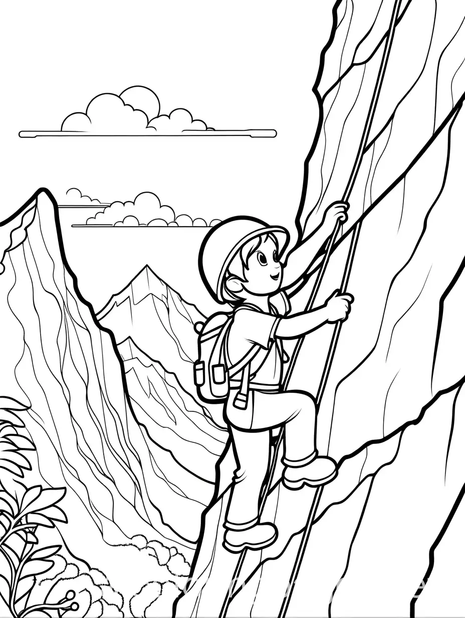 bold line art, coloring book, Coloring Page CUTE  Climbing the Mountain A figure climbing up a steep mountainside, with ropes and gearl, bold line art, coloring book, Coloring Page, black and white, line art, white background, Simplicity, and Ample White Space. The background of the coloring page is plain white to make it easy for young children to color within the lines. The outlines of all the subjects are easy to distinguish, making it simple for kids to color without too much difficulty, Coloring Page, black and white, line art, white background, Simplicity, Ample White Space. The background of the coloring page is plain white to make it easy for young children to color within the lines. The outlines of all the subjects are easy to distinguish, making it simple for kids to color without too much difficulty