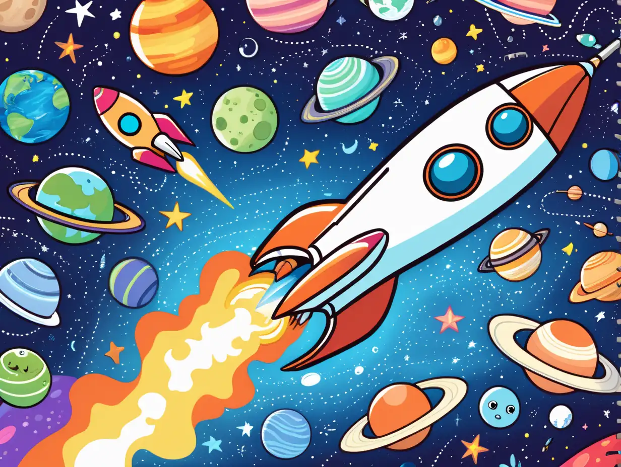 Illustrate a cartoon-style rocket ship, planets, and astronauts exploring a colorful galaxy. Include alien creatures and stars to spark creativity