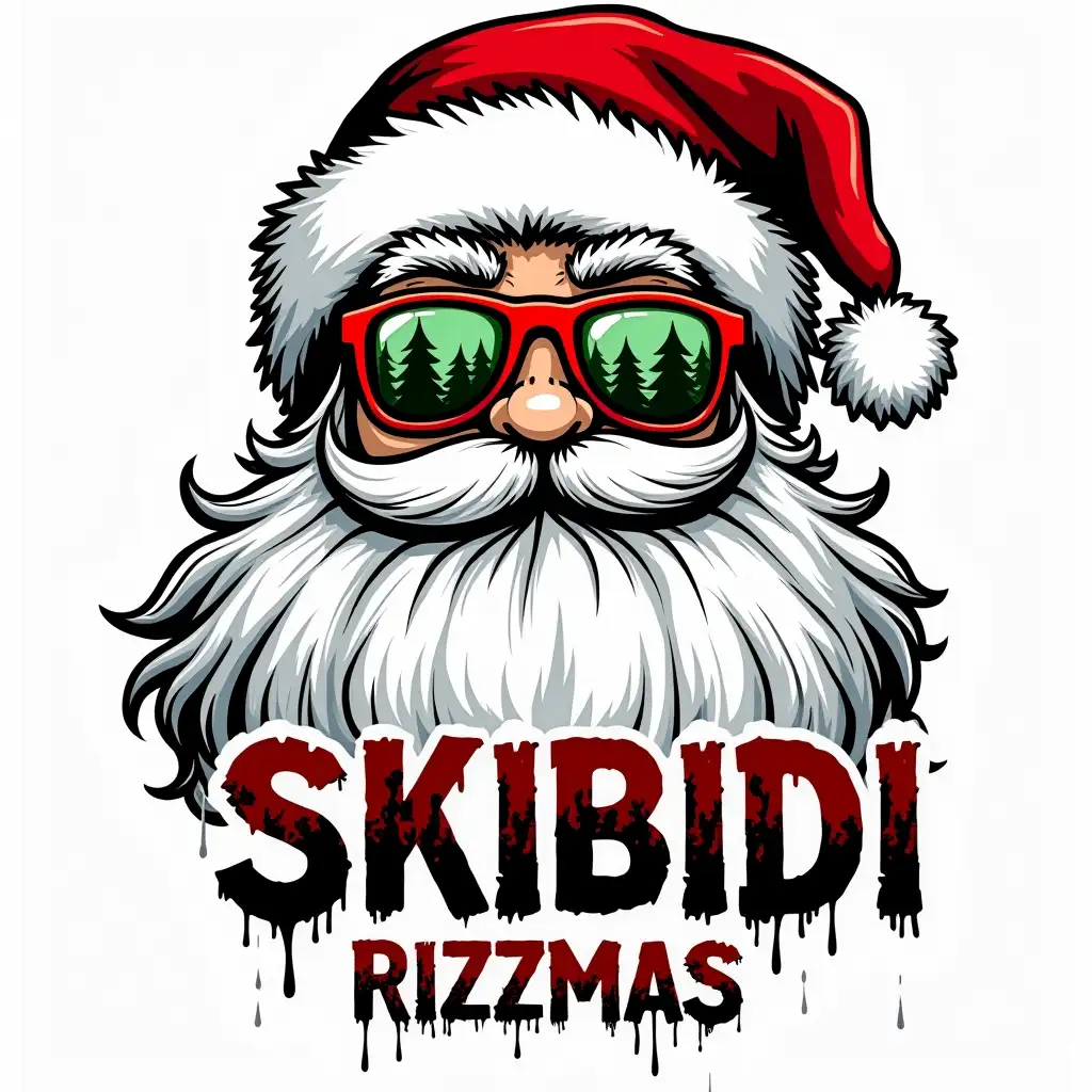 Create a street-style Santa portrait with: n- Cool Santa wearing red-framed sunglasses n- Green Christmas trees reflected in sunglasses lenses n- Detailed flowing white beard with sketchy texture n- Traditional red Santa hat with white fur trim n- Black and white base artwork with red accents n- Semi-realistic illustration style n- Text 'SKIBIDI RIZZMAS' below in distressed block letters n- Urban graffiti aesthetic n- High contrast design for t-shirt printing n- Monochromatic with red highlights n- Clean edges between elements n- Suitable for white/light shirts n- Maintain clear separation between elements for clean printing