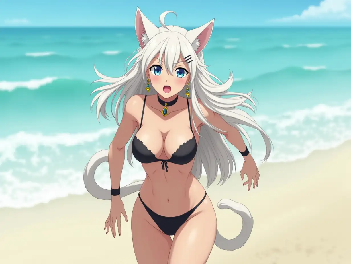 A mature adult feline/woman active running down a beach. Her 30-something years are disguised by her youthful facial features, except for her subtle wrinkles around the eyes, extremely slender body. Her ample bosom strains against her bikini, extreme cleavage.  Wearing black shoes. She has piercing blue cat eyes. A choker adorns her neck, a subtle hint at her feline nature. Her long, white hair cascades down her back like a wild waterfall, tangled and disheveled. Her cat-like teeth glint in the light, as her white fur-lined ears punctuate her visage with sparkling black and gold earring adorns each ear, adding a touch of elegance to her feline features. Cat whiskers on her face. The attached tail at the base of her spine stirs lazily.  Long fingernails. Full view. Anime.