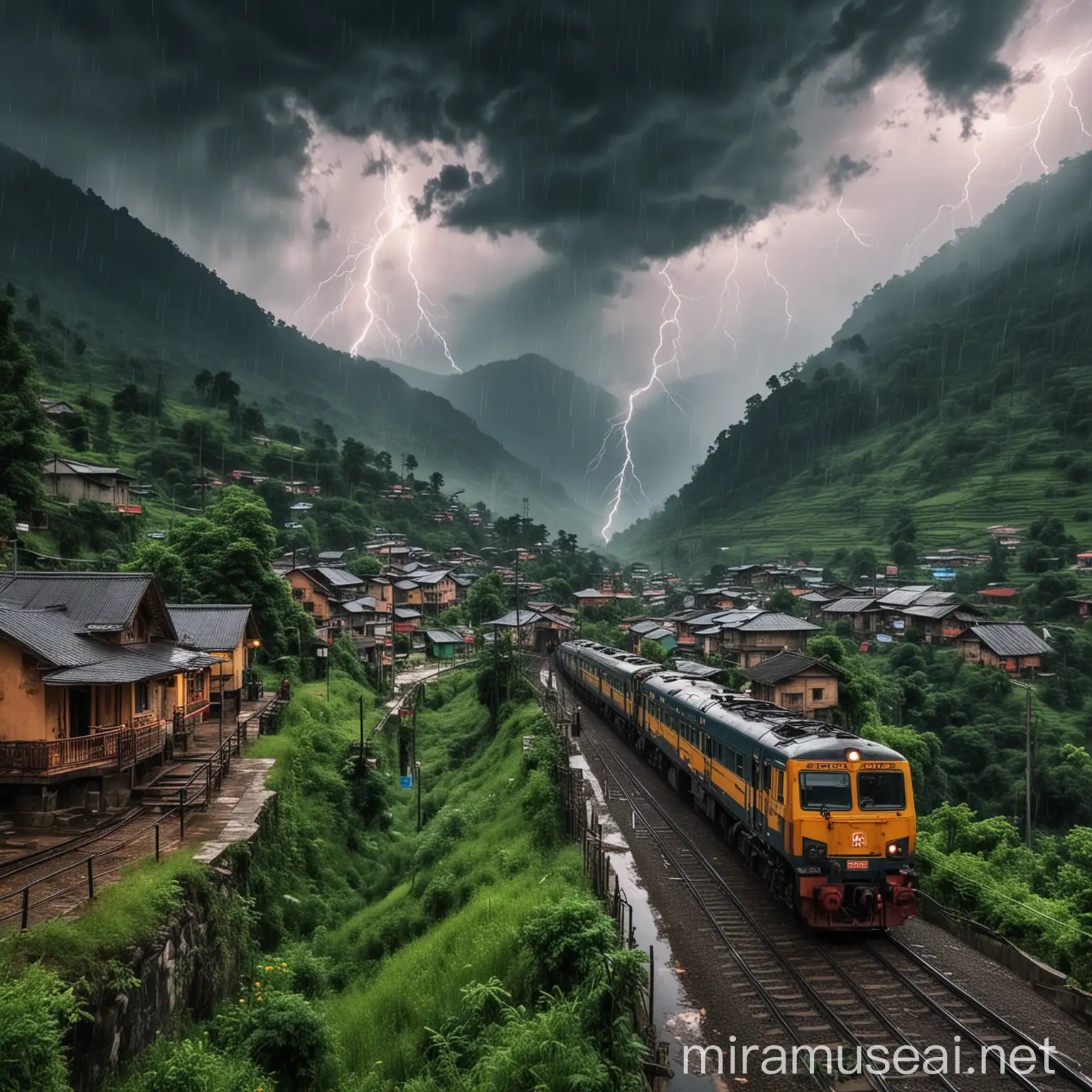 Scenic Mountain Train Amidst Rain and Lightning