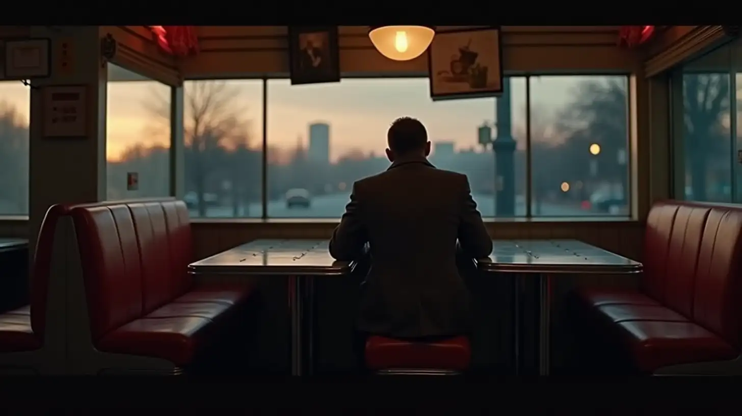 An empty 1950 diner interior at twilight, a lone detective sitting at a table with his back to the camera, facing away from the camera. Photo-realistic, cinematic lighting.