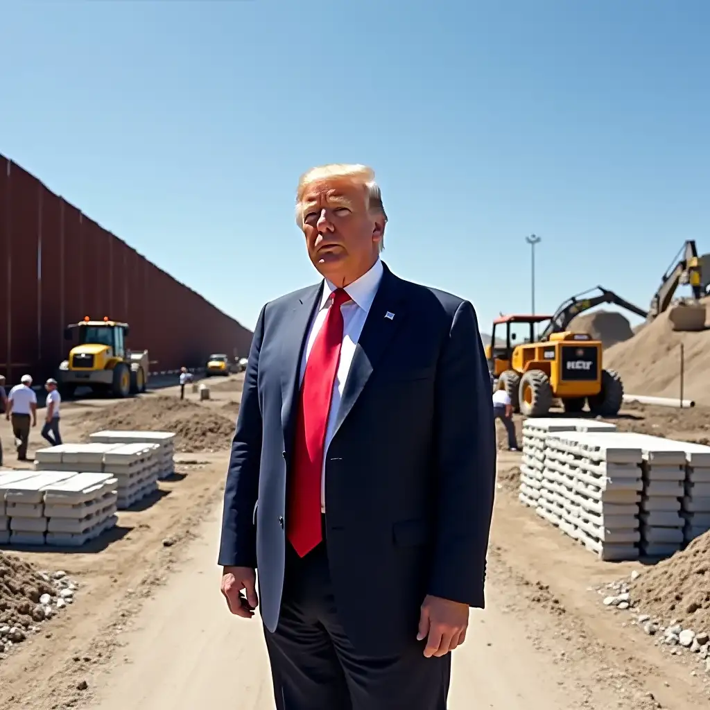 A confident Donald Trump stands on a bustling construction site, clad in a navy suit, red tie, overseeing the ambitious border wall project. In the background, heavy machinery like cranes and forklifts operate under a bright blue sky, with workers moving about diligently. Surrounding him, stacks of concrete blocks and steel beams illustrate the monumental scope of the undertaking, emphasizing his role in this significant endeavor.