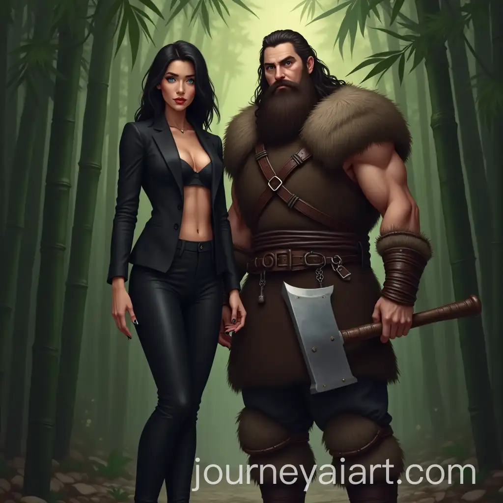 Athletic-Asian-Woman-and-Tall-Norseman-in-Bamboo-Forest-with-Giant-Axe