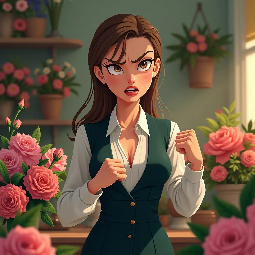 Create a character of a florist who exudes elegance despite being visibly angry and frustrated. This character should have refined features, an impeccably styled outfit, and a composed yet tense posture. The setting is a floral shop filled with vibrant blooms, but the character’s expression and body language convey a sense of inner turmoil, perhaps with furrowed brows, tightly pressed lips, and clenched fists. The contrast between the beauty of the flowers and the character’s frustration should be striking.