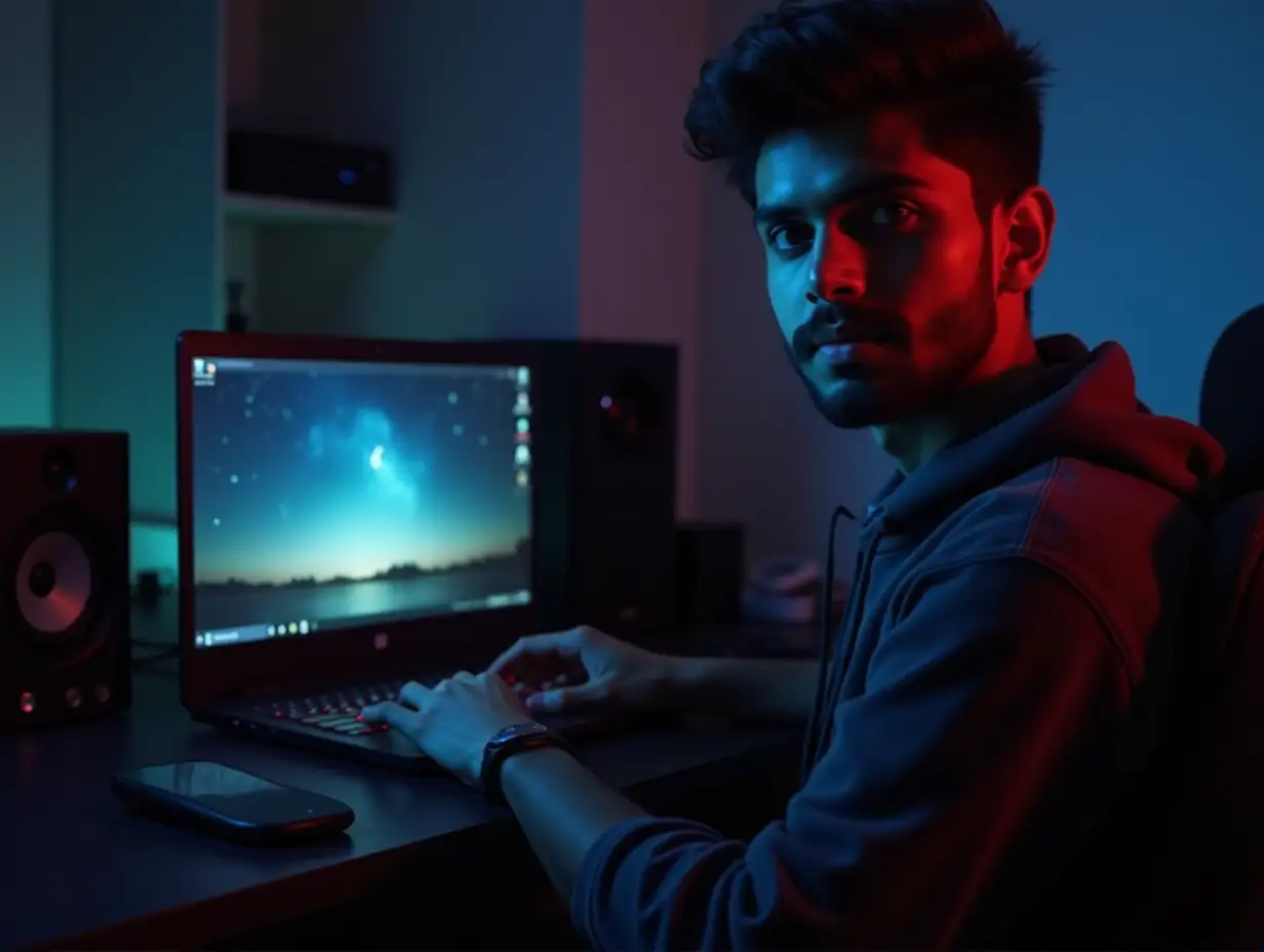 a 24 years old indian boy sitting on gaming chiar looking on camera and he is showig his laptop screen to camera