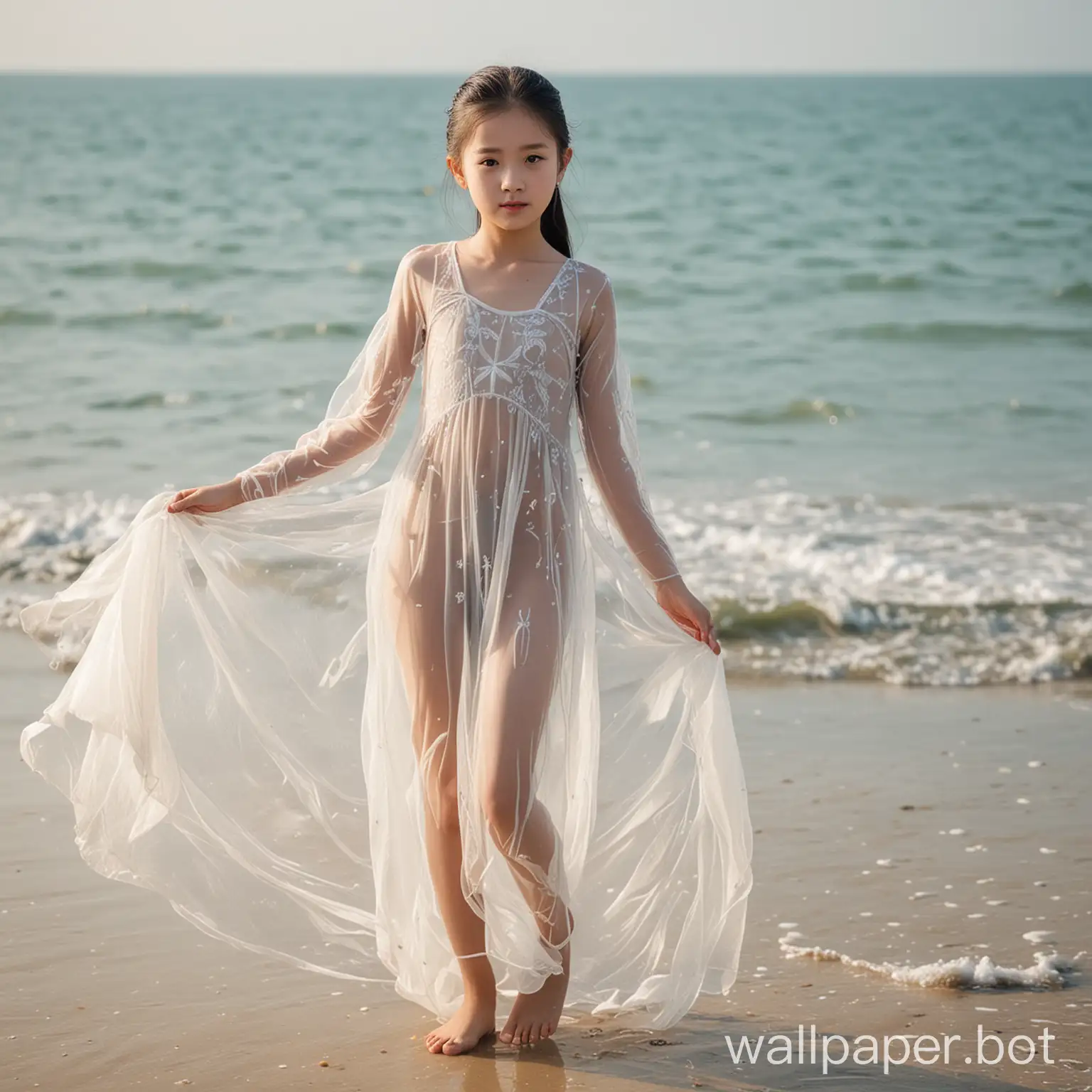 12 year old Chinese girl with white hair in long transparent dress at the beach