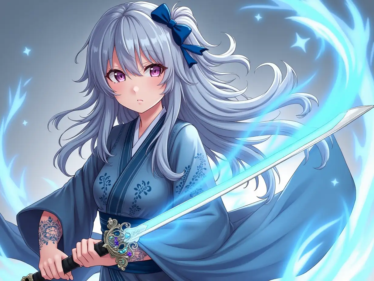 Create an anime beautiful woman with long silver-blue wavy hair, wearing a blue ribbon, wearing a gray kimono with batik accents on the lapels and wielding a glowing blue and white sword. She has a dragon tattoo on her arm with gemstones on its head.