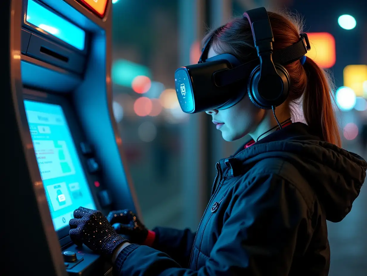 a young female hacker on a street at night, programming atm machine, wearing vr goggles with display, headphones, cybernetic collar and gloves with diodes, smartwatch, lots of wearable cyberpunk hardware with ubiquitous connected wires