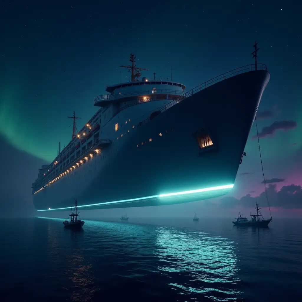 A starry night over the Gulf of Mexico, a gigantic mother ship emerges from the horizon, suspended over the water. Its colossal structure, with geometric patterns illuminated by bluish lights, reflects on the calm sea. In the scene, small fishing boats appear tiny beneath the immensity of the ship, while a glowing halo illuminates the waves that form beneath it. The sky is tinged with shades of purple and green due to an unexplained luminous phenomenon.