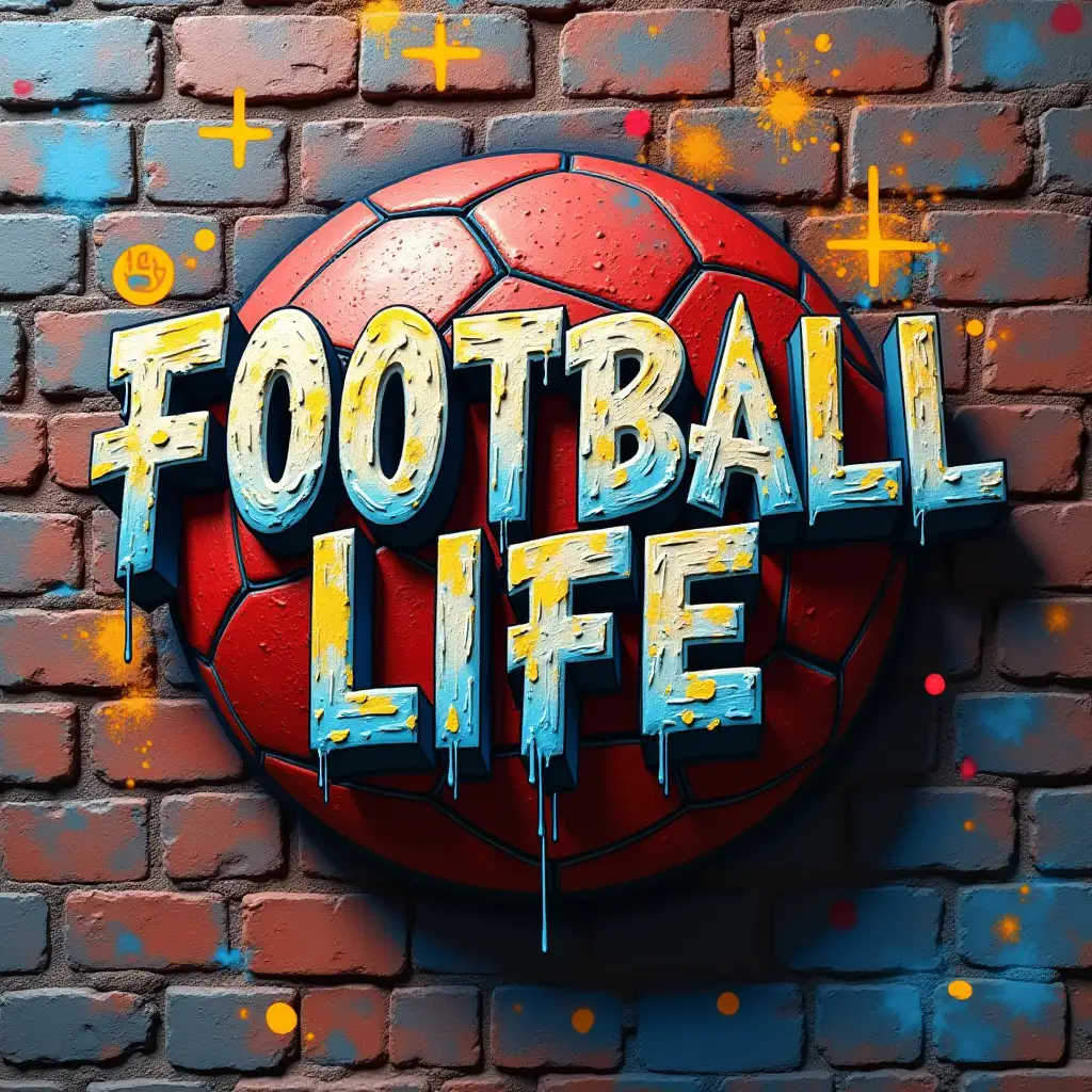 Create a 3D, graffiti-style image of a football against a brick wall. The football should be textured and detailed, with visible laces. The words 'FOOTBALL LIFE' should be in bold, dripping paint style, with vibrant colors and a graffiti-inspired font. The background should be a chaotic mix of colorful shapes and textures, creating a dynamic and energetic atmosphere.