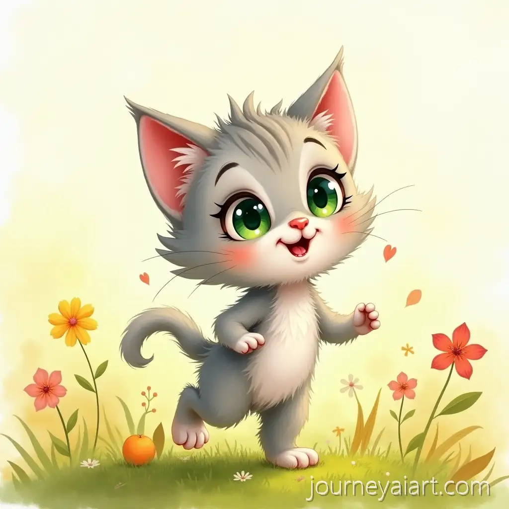 Cute-Gray-Kitten-with-Bright-Green-Eyes-Playing-in-Sunny-Flower-Meadow