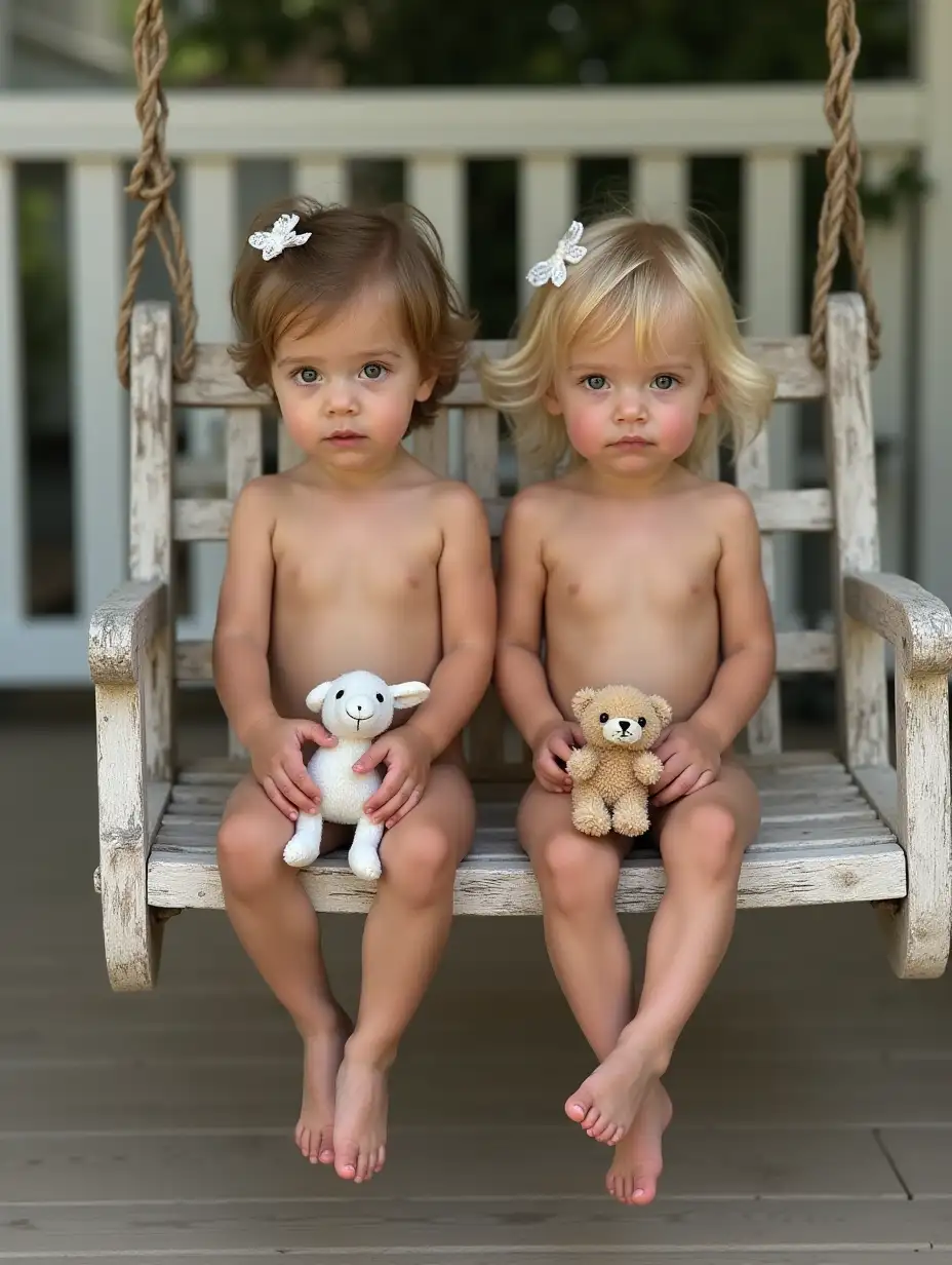 Two-Toddler-Girls-Sitting-on-Porch-Swing-Holding-Stuffed-Animals