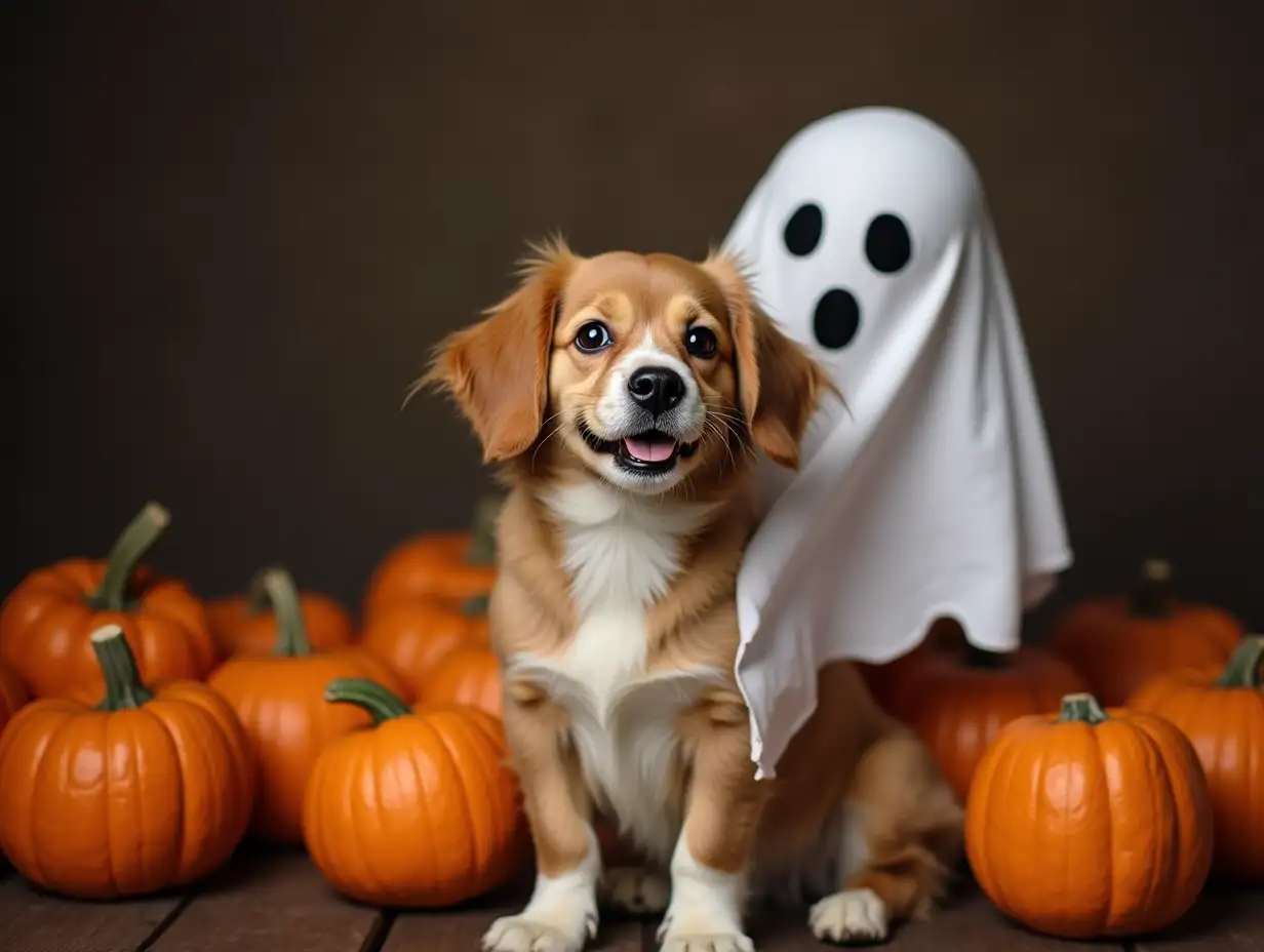 Spooky-Halloween-Dog-Transformed-into-a-Ghost-Among-Pumpkins