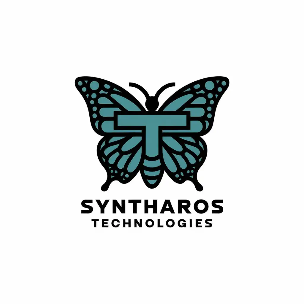 a vector logo design,with the text "Syntharos Technologies", main symbol:butterfly or caterpillar, incorporate letter S and T into image,complex,be used in Technology industry,clear background