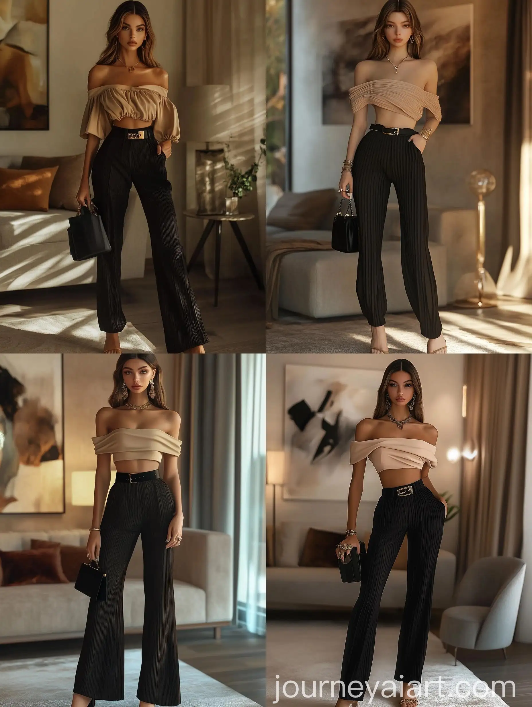 Fashionable-Woman-in-Beige-OffShoulder-Top-and-Black-Pants-with-Accessories