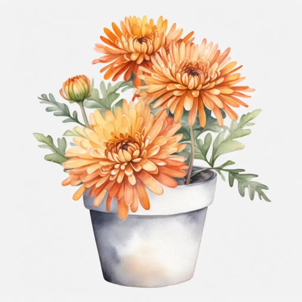 Single Aesthetic Watercolor Full Potted Orange Mum Clipart on White Background