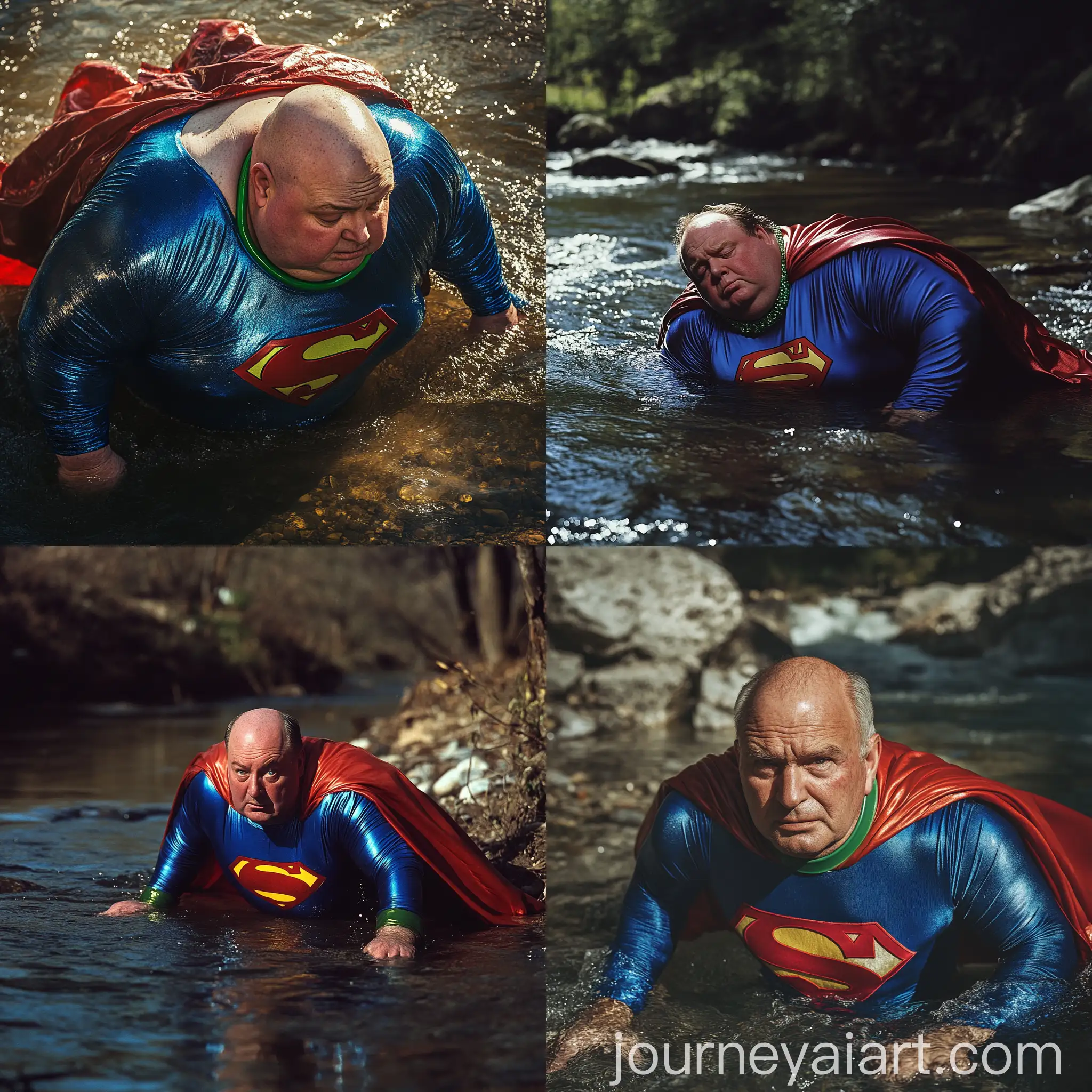 Tired-Overweight-Superman-Crawling-in-River-with-Neon-Collar