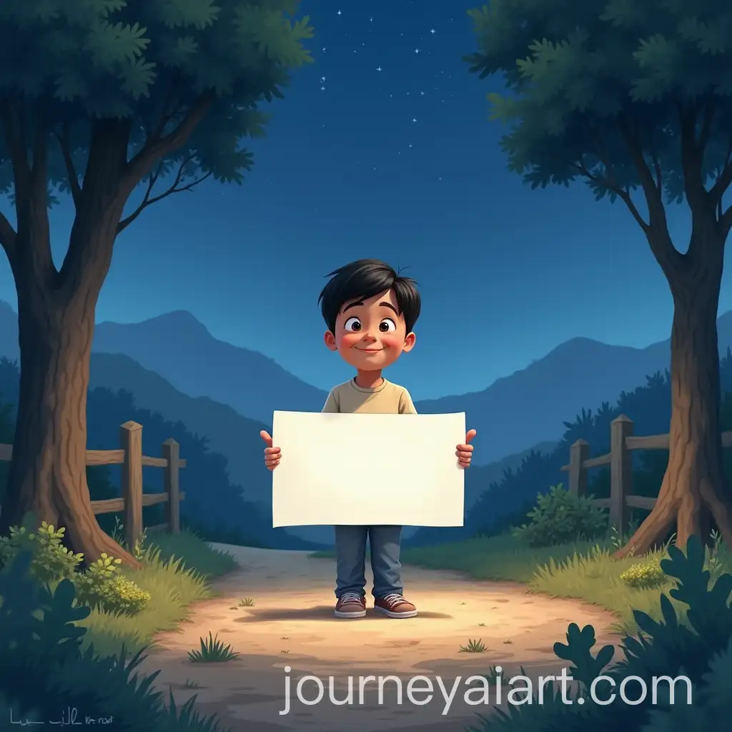 Young-Boy-Holding-Blank-Card-in-Forest-Clearing-Under-Blue-Night-Sky