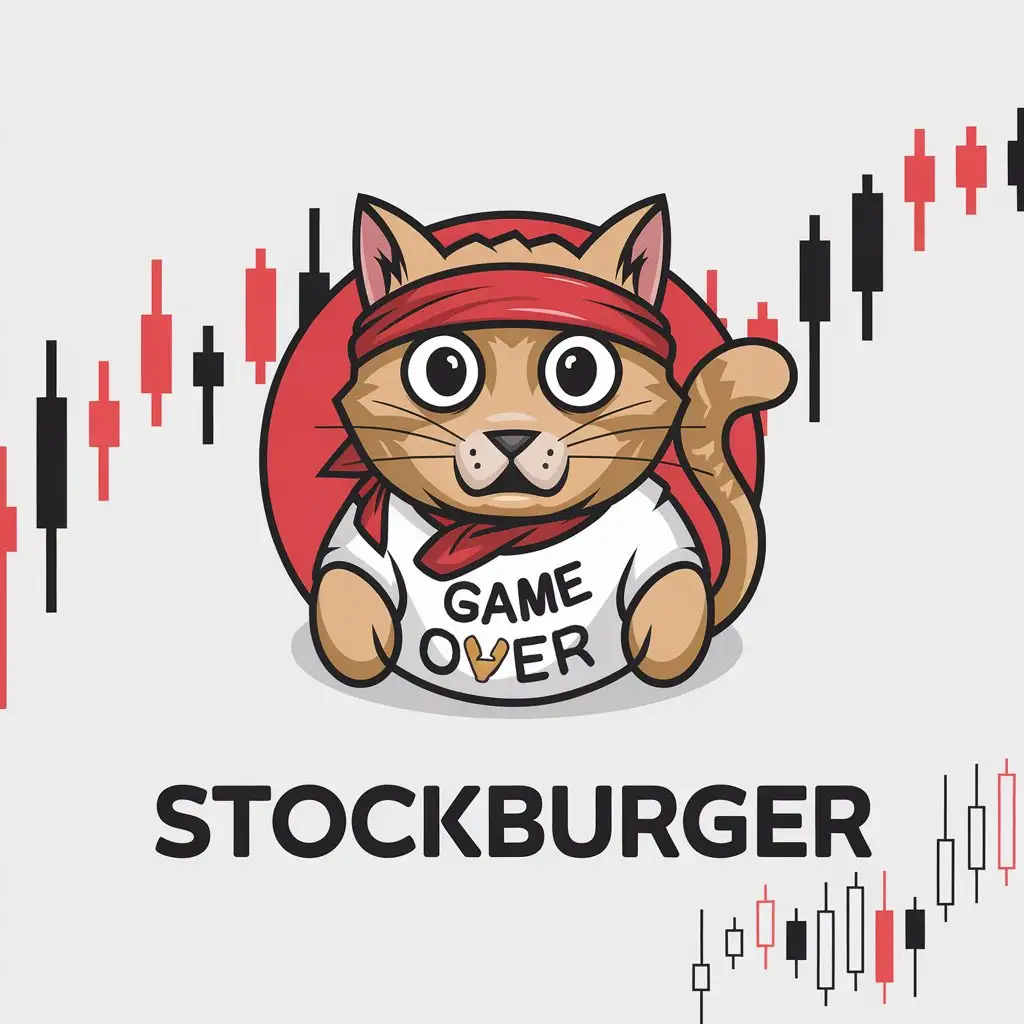 LOGO Design for StockBurger Surprised Cat in Red Bandana and Game Over TShirt with Trading Candles Background