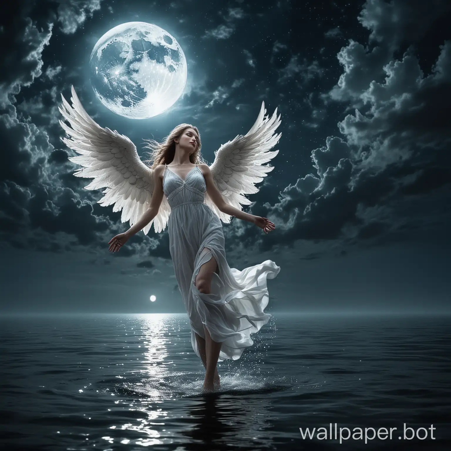 beautiful angel in the sky, moon, water, dark