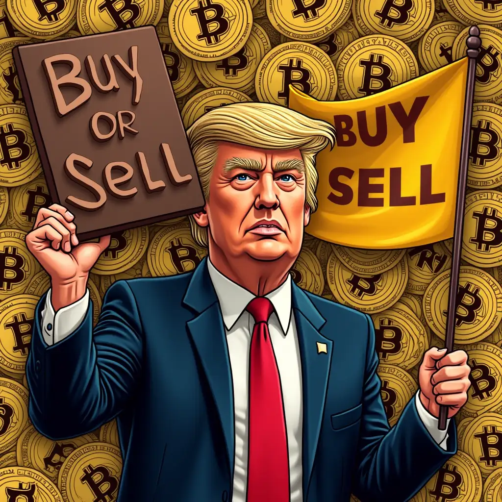 Make me a design, Donald Trump holding a Bitcoin flag and with this text 'BUY OR SELL', and a background full of bitcoins