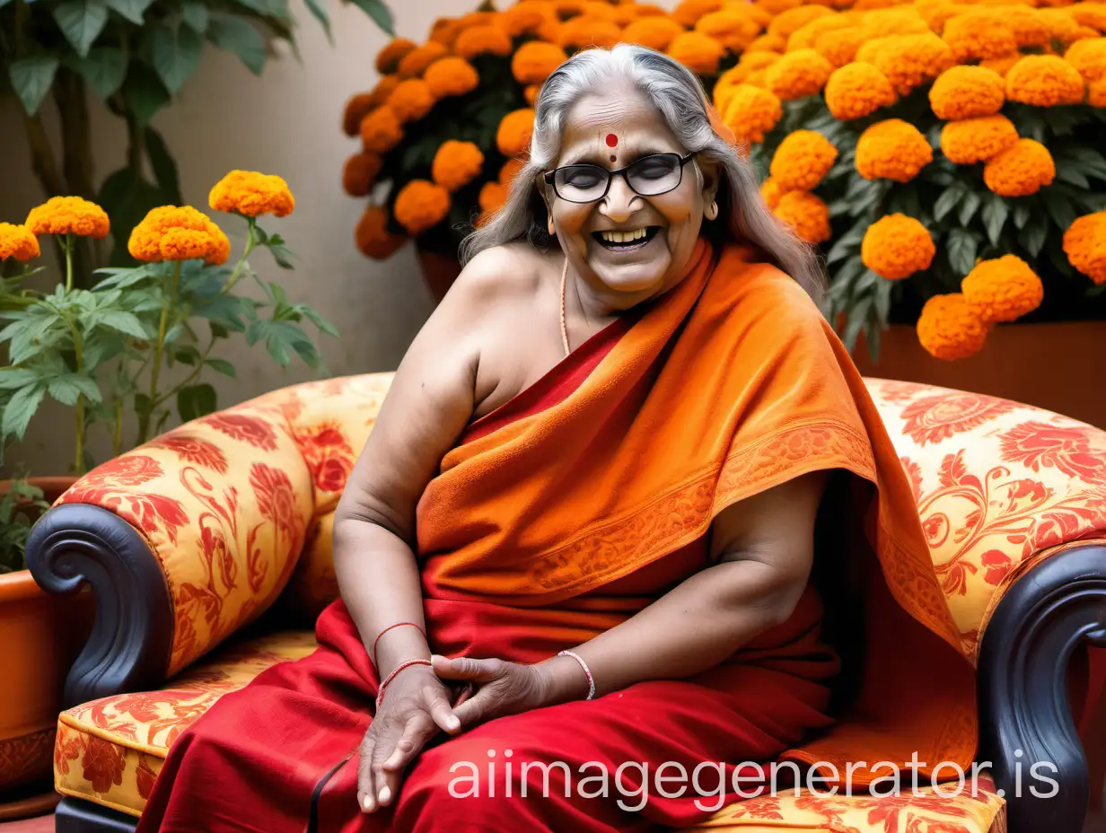 a Indian Hindu woman monk fat mature curvy with make up having age 75 years old, with long hairs, she is wearing a power spectacles, she is sitting on a luxurious sofa with high heels in a luxurious marigold flower garden near a home in an Indian Hindu luxurious ashram, a goat is there it morning time, she is wearing a colorful flower garland, , , she is wearing a big flower garland and a luxurious red silk bath towel she is happy and laughing