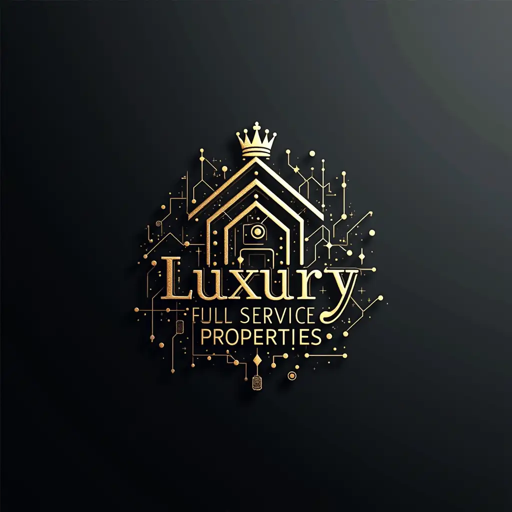 Design a sleek, modern logo for a luxury real estate crypto token to be elegantly engraved on a high-end luxury handbag. The logo should feature a minimalist, contemporary icon of a modern home, crafted with clean, geometric lines for a refined aesthetic. Add a subtle, regal crown atop the home to evoke a sense of exclusivity and prestige. Surround the design with abstract blockchain elements like interconnected lines and nodes, symbolizing digital transactions. Incorporate the phrase 'Luxury Full Service Properties' in an elegant, serif font, seamlessly integrated into the design. Use a luxurious color palette featuring metallic accents, such as gold or silver, to enhance the sophistication and exclusivity of the piece. The final logo should embody a perfect balance of timeless fashion, modern luxury, and digital innovation, making a bold statement about the future of real estate.