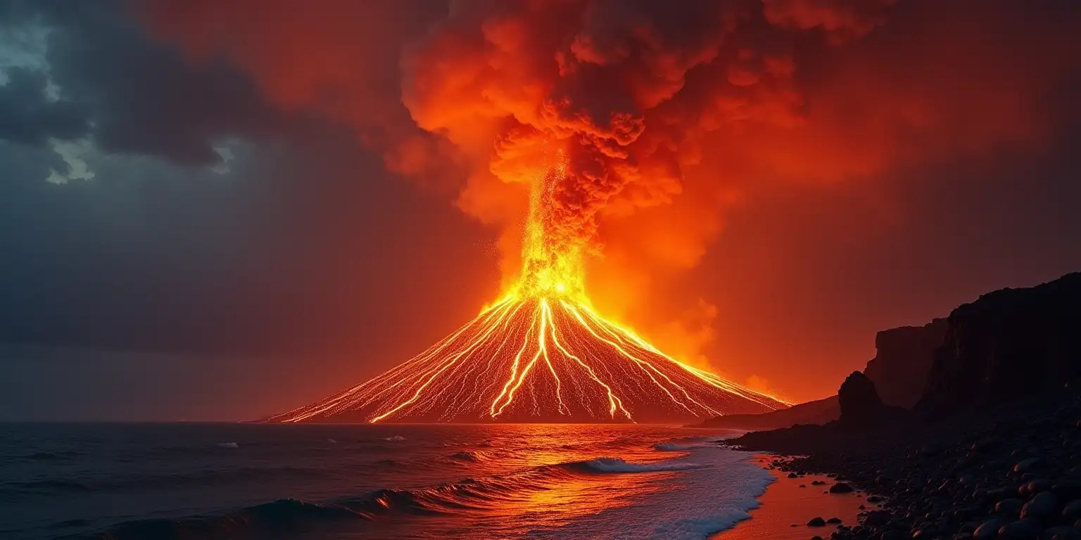 Dramatic Volcano Eruption Spewing Lava into the Sea