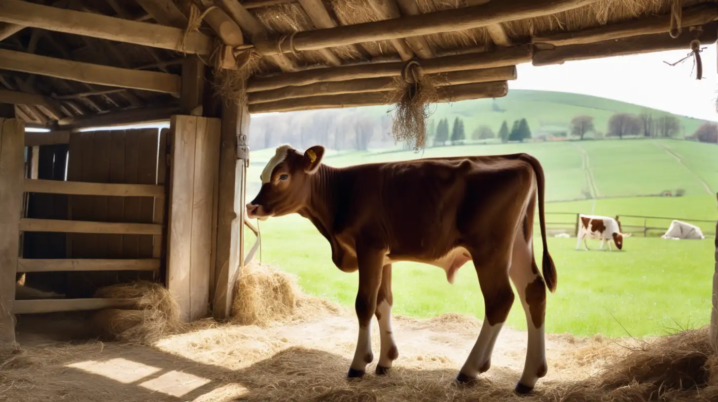 Biblical Era Calf with Three Legs in Barn Countryside Spring Scene