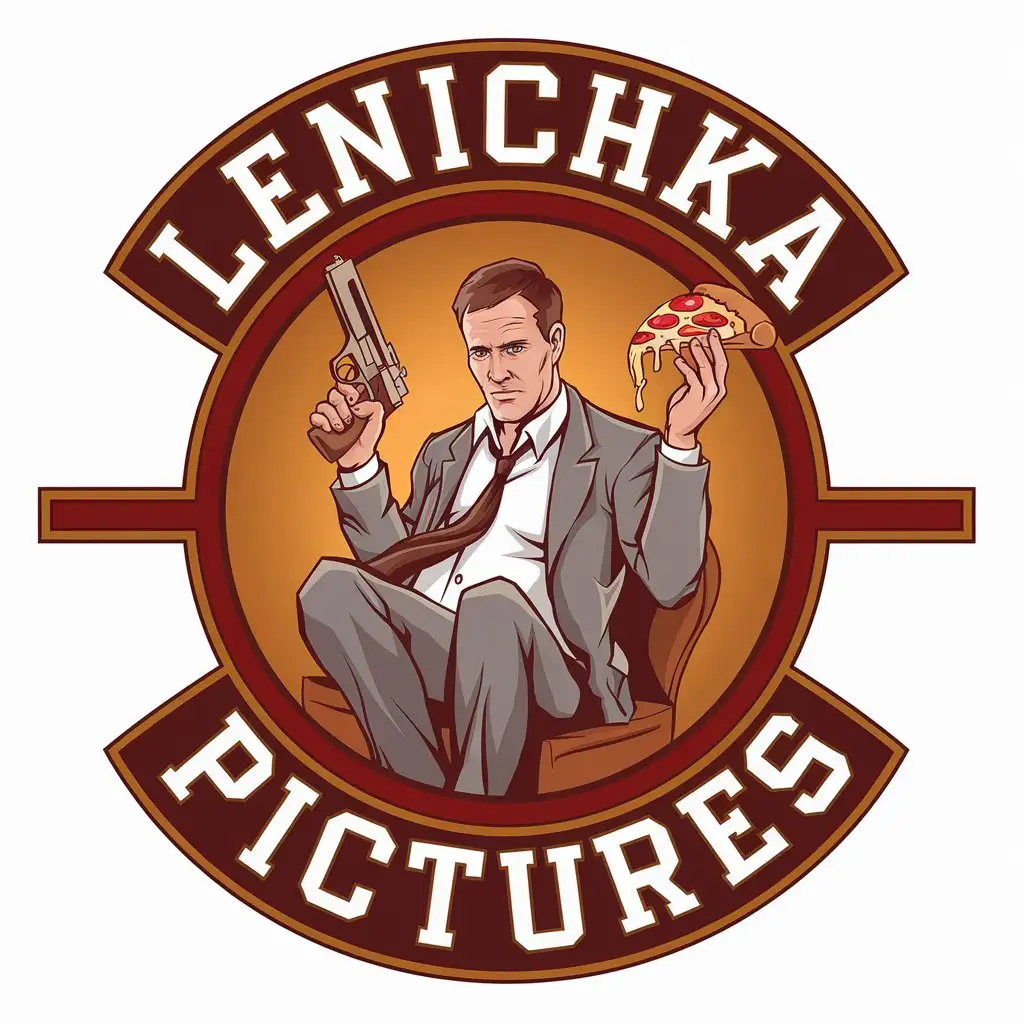 a vector logo design,with the text "Lenichka pictures", main symbol:A man sitting with a gun in one hand and a piece of pizza in the other,complex,be used in Animation industry,clear background