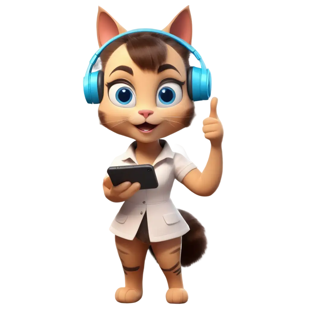 3D-Female-Blue-Eyes-Cat-with-Headphones-Holding-iPhone-PNG-Image