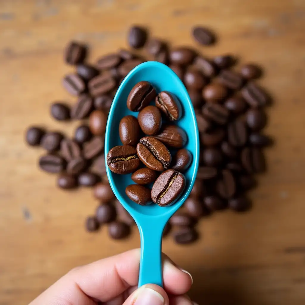 Top-View-of-Blue-Plastic-Spoon-with-Coffee-Beans-on-Wooden-Surface