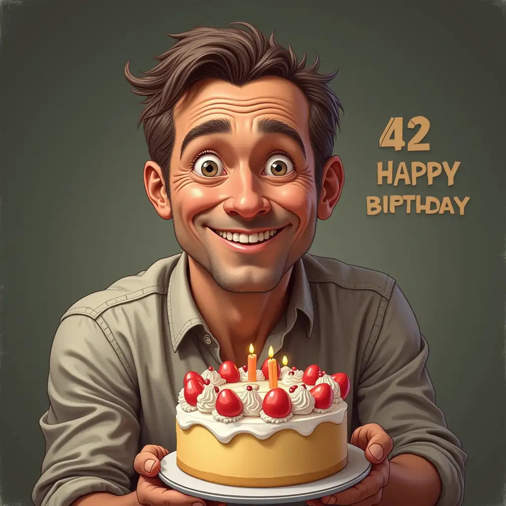 Funny postcard for man's birthday 42 years with smooth face, clear eyes, he holds cake and feels very happy