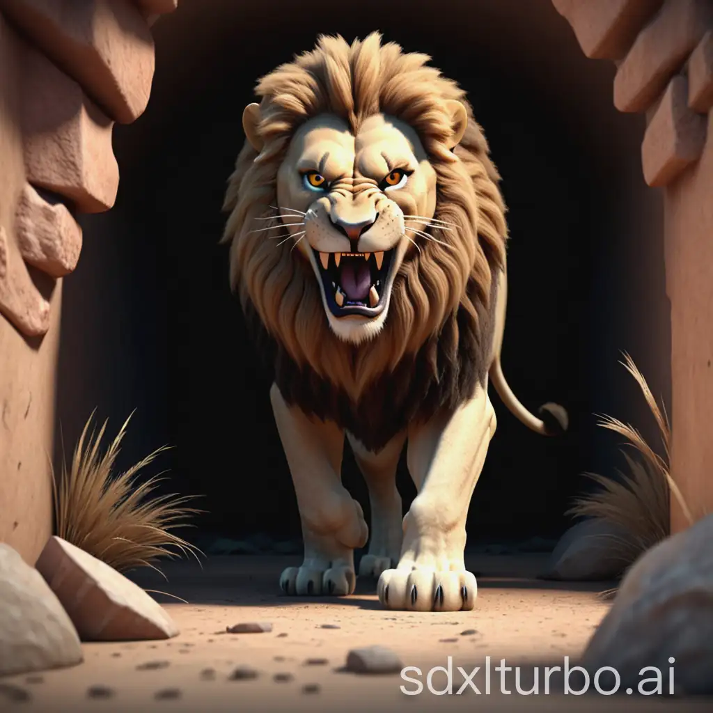 3d animated realistic angry lion hiding in the preparing to ambush