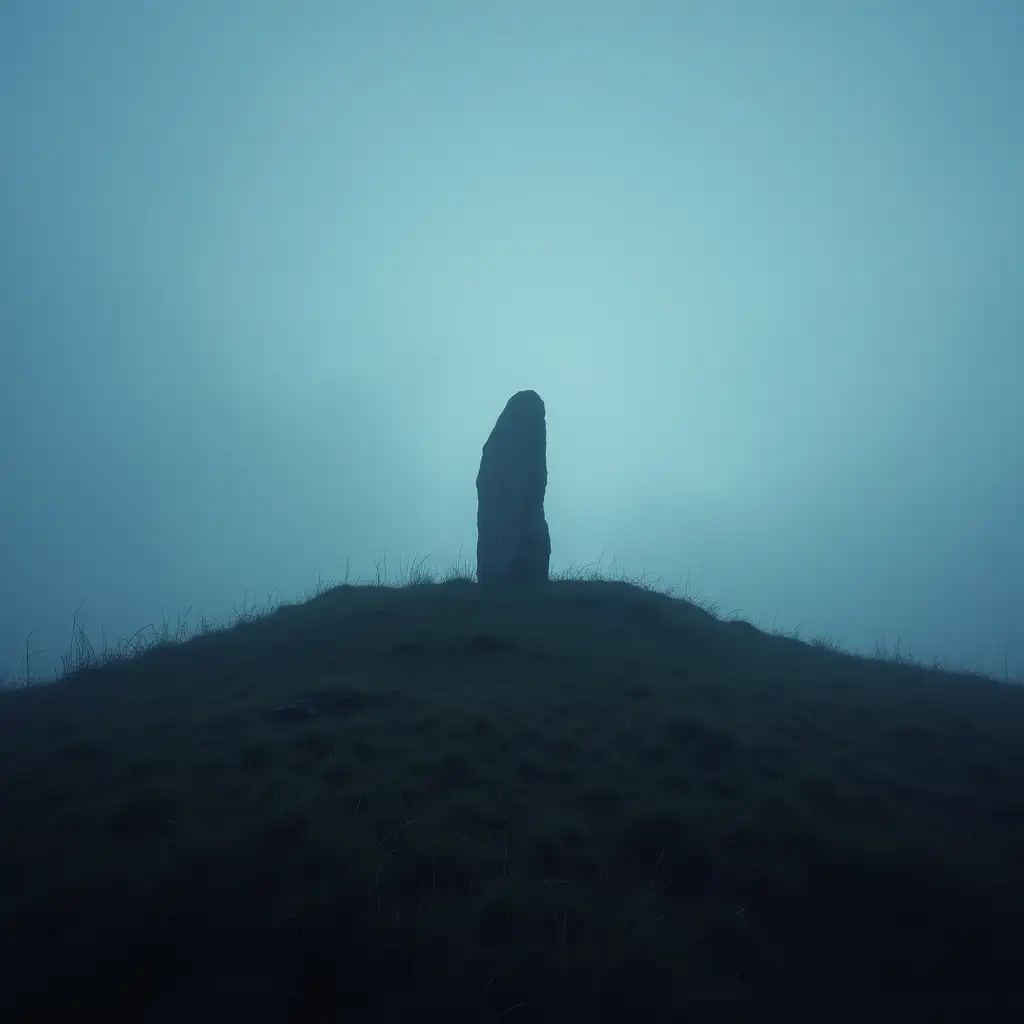 A misty, twilight landscape showing a solitary ancient standing stone atop a windswept hill...