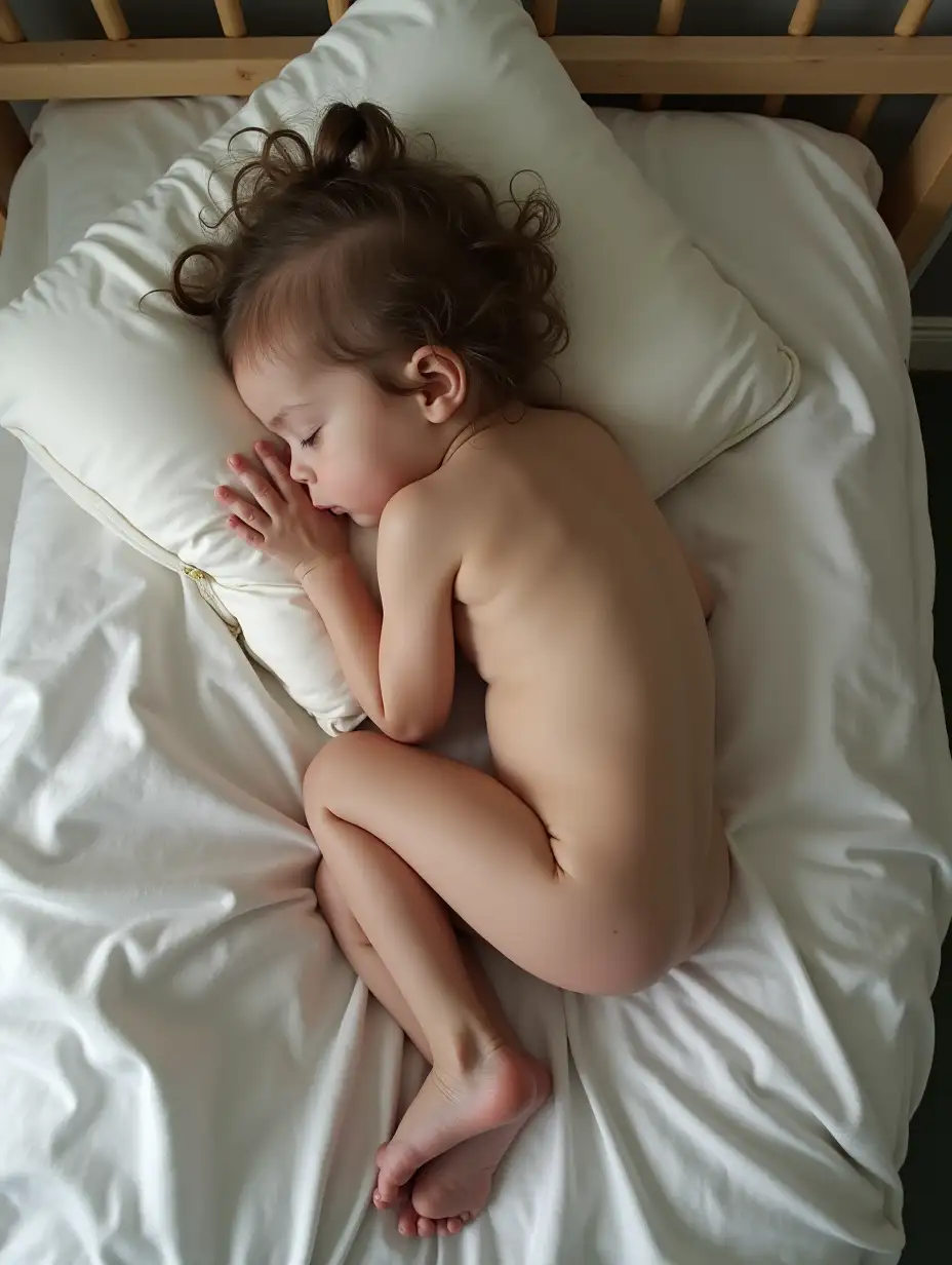 Very skinny little girl, pale shiny bare skin. Sleeping on a pillow on a daybed, turned to the side. Skinny legs and bare feet visible. View from above.
