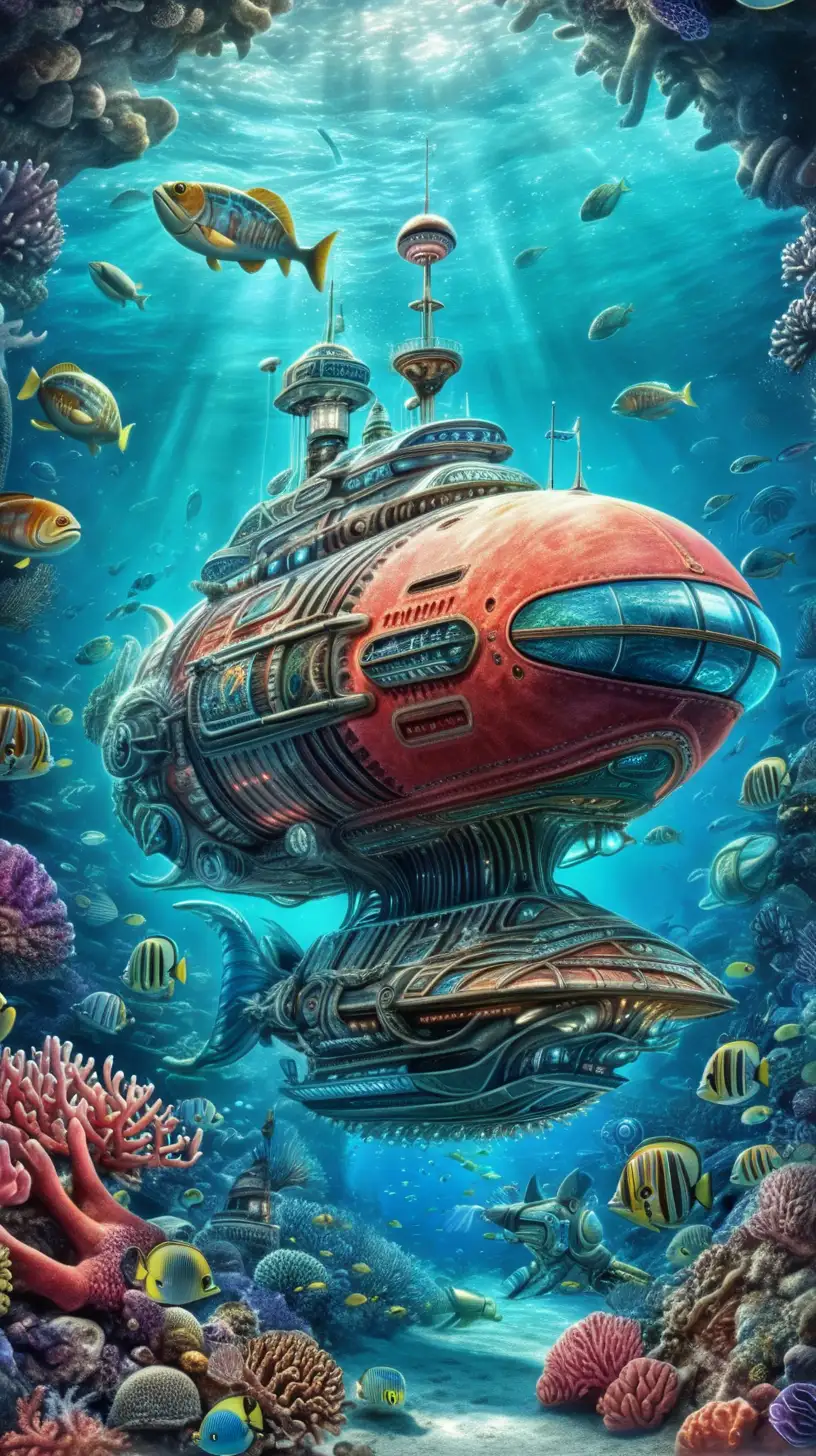 Underwater Voyager Spaceship Exploring Mysterious Coral Reef and Strange Creatures