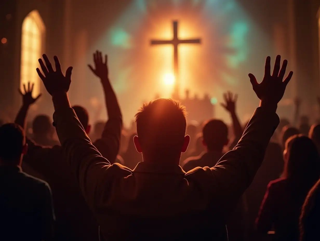 Generate a photo with people in the church worshiping God with raised hands, symbolizing a climate of unity 