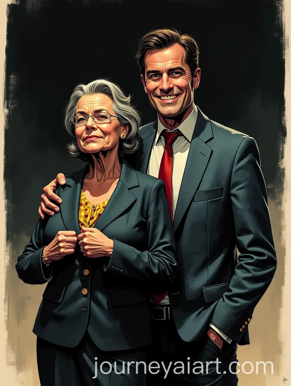 Handsome-Young-Man-Standing-Behind-Serious-MiddleAged-Woman-in-Dark-Comic-Style